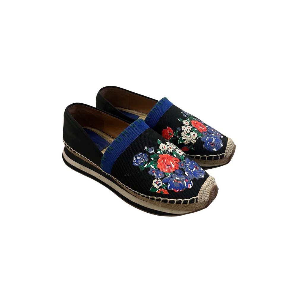 Tory Burch Floral Canvas Espadrille Platform Sneakers Black Blue Slip On Flats